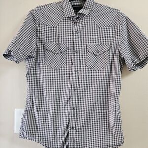 Banana Republic Men's Western Shirt M Grey Gingham Pearl Snap Short Sleeve
